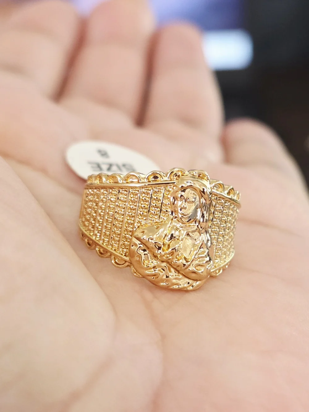 18k Gold Plated Religious Statement Ring in Gold - Size 8